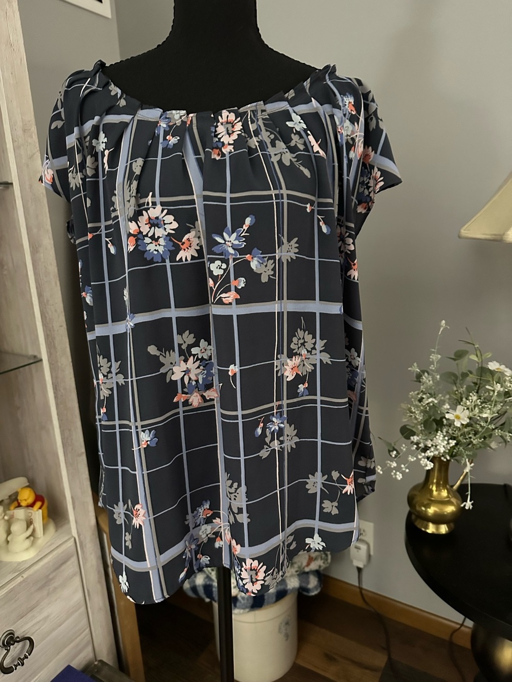LC Lauren Conrad Navy Grid Floral Off-Shoulder Blouse